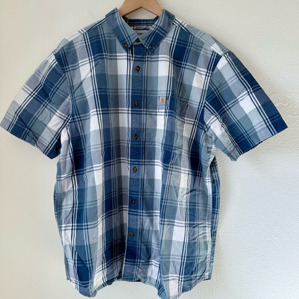 Carhartt Relaxed Fit Short Sleeve Plaid Button Down Shirt Blue Men’s Size XL EUC